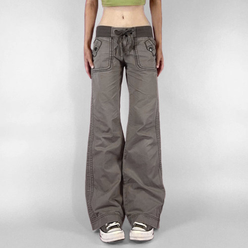 WEEKEEP 灰色复古松紧低腰绑带直筒工装裤女百搭显瘦拖地长裤跳舞