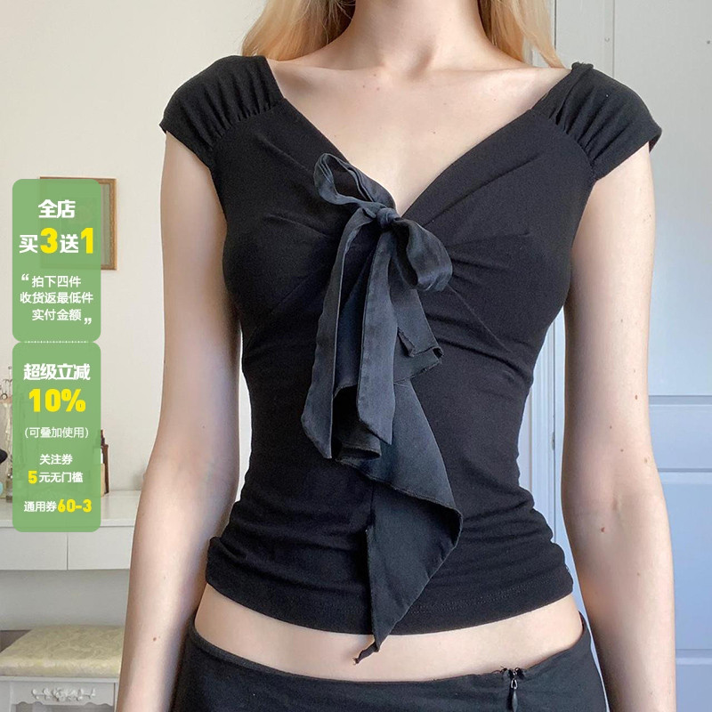 WEEKEEP 少女感黑色蝴蝶结缎带V领短袖T恤紧身显瘦露腰百搭上衣夏