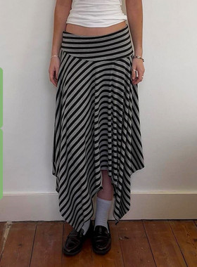 WEEKEEP 简约休闲撞色条纹不规则低腰半身裙百搭基础宽松显瘦长裙