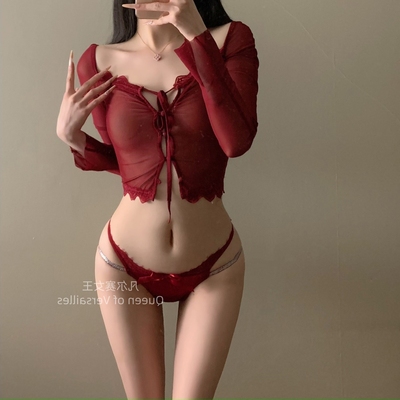 法式缎面镂空性感女士红色闪片低