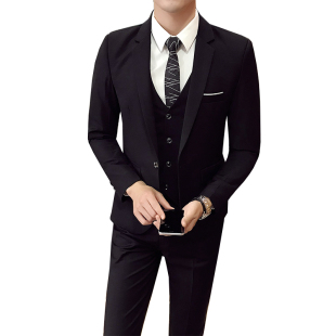 萨巴维西服套装青少年韩版修身小西装三件套男士休闲西装结婚正装
