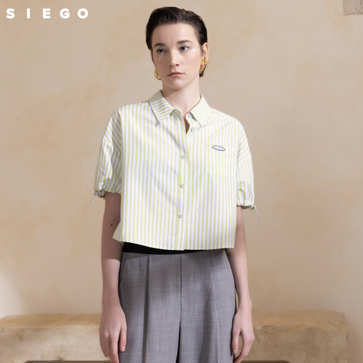 Siego西蔻截短款休闲挺括条纹抽绳短袖衬衫64434620