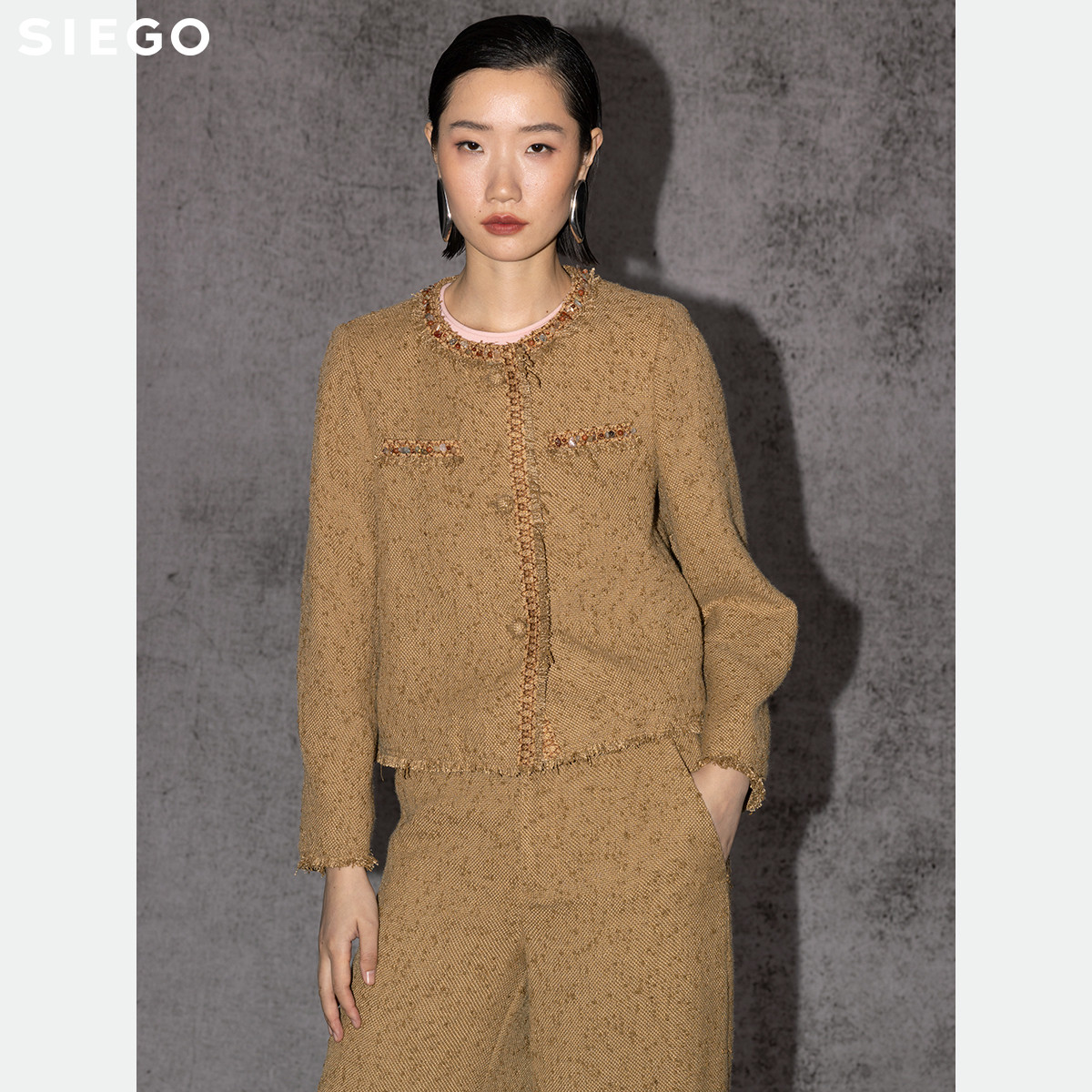 Siego西蔻秋麦色粗花昵手工玉石外套64528208