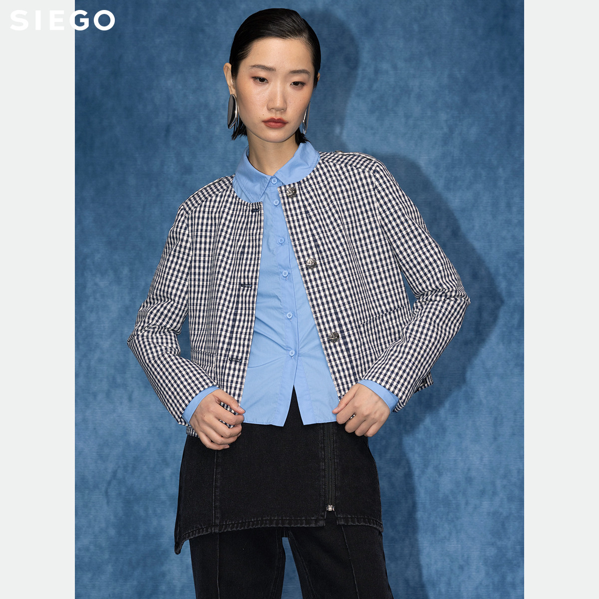 Siego西蔻纯棉立体袖纯色百搭短款长袖衬衫64524508