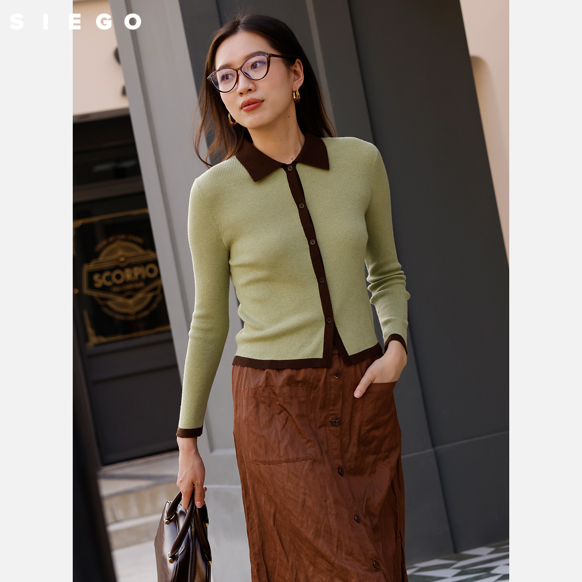 Siego西蔻桑蚕丝羊毛时尚撞色边修身针织开衫64517308