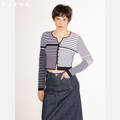 Siego西蔻蓝白条纹时尚修身线条截短针织开衫64517209