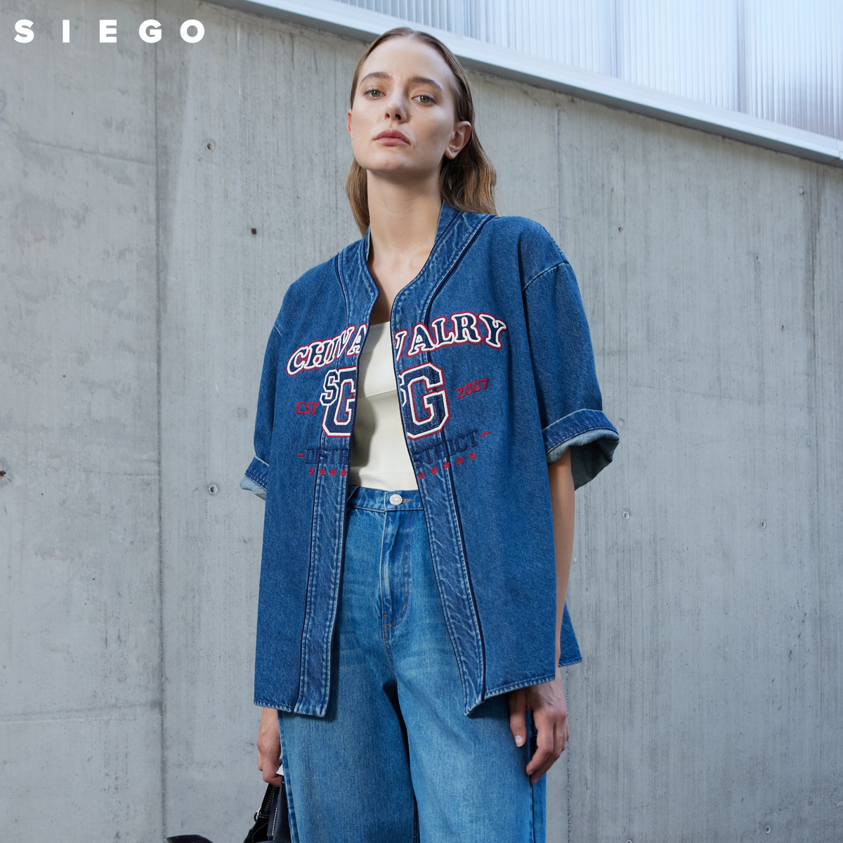 Siego西蔻英式风绣花牛仔棒球服休闲运动外套64418207