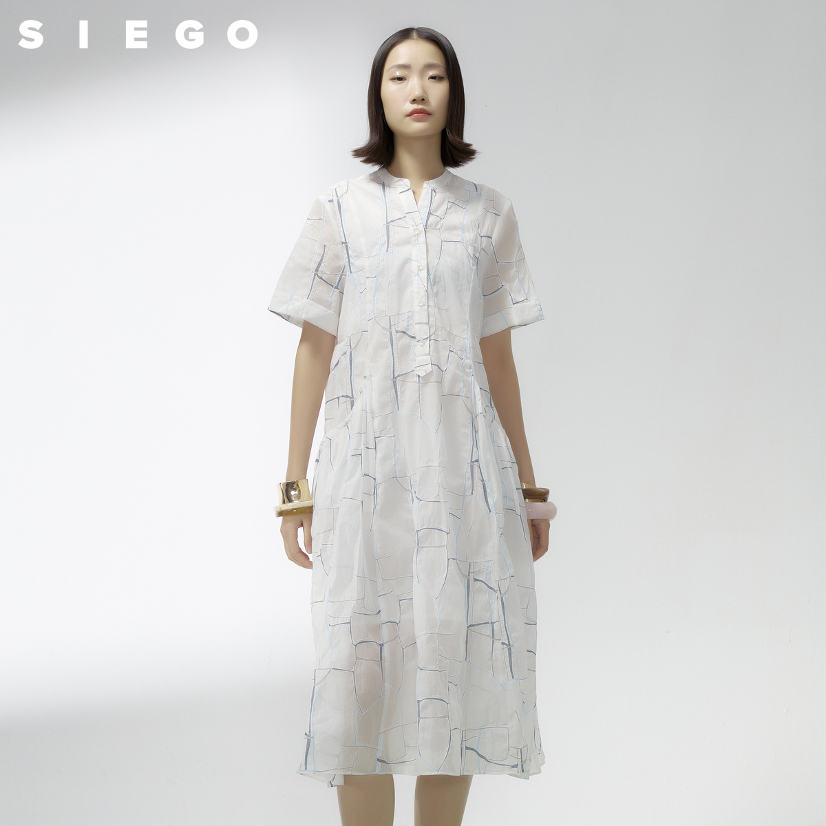 Siego西蔻舒适休闲岩缩棉文艺风单排扣连衣裙64333329