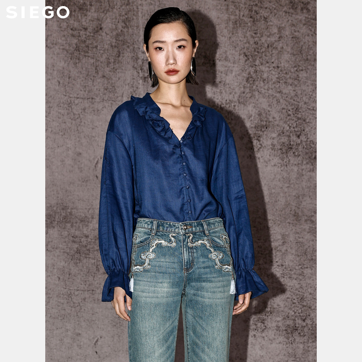 Siego西蔻通勤古典复古雅致亚麻手工花边V领长袖花衬衫64524621