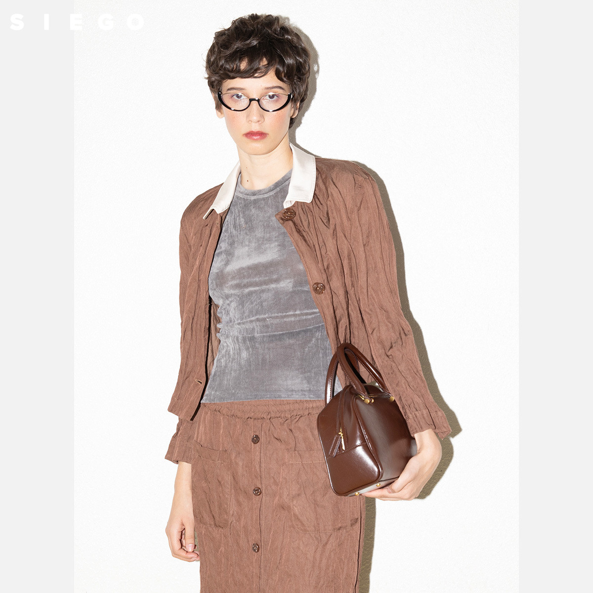 Siego西蔻褶皱中空肌理料截短外套64518502