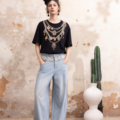 SIEGO石墨黑珠宝链印绣T恤64635208