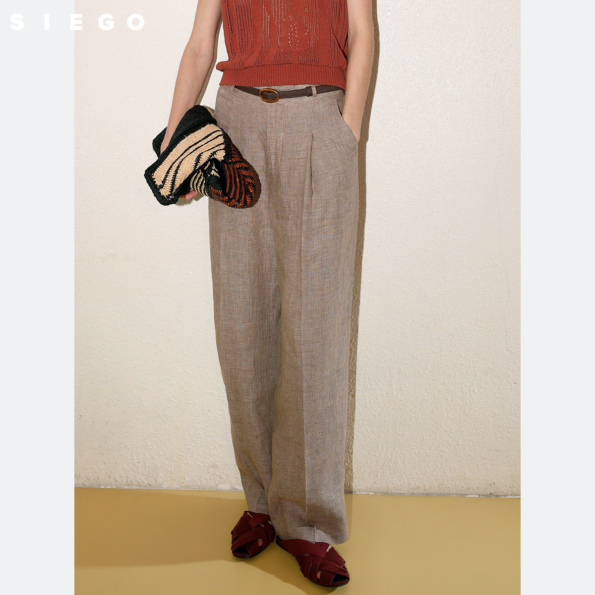 Siego西蔻复古时尚透气吸湿亚麻千鸟格直筒裤64531505