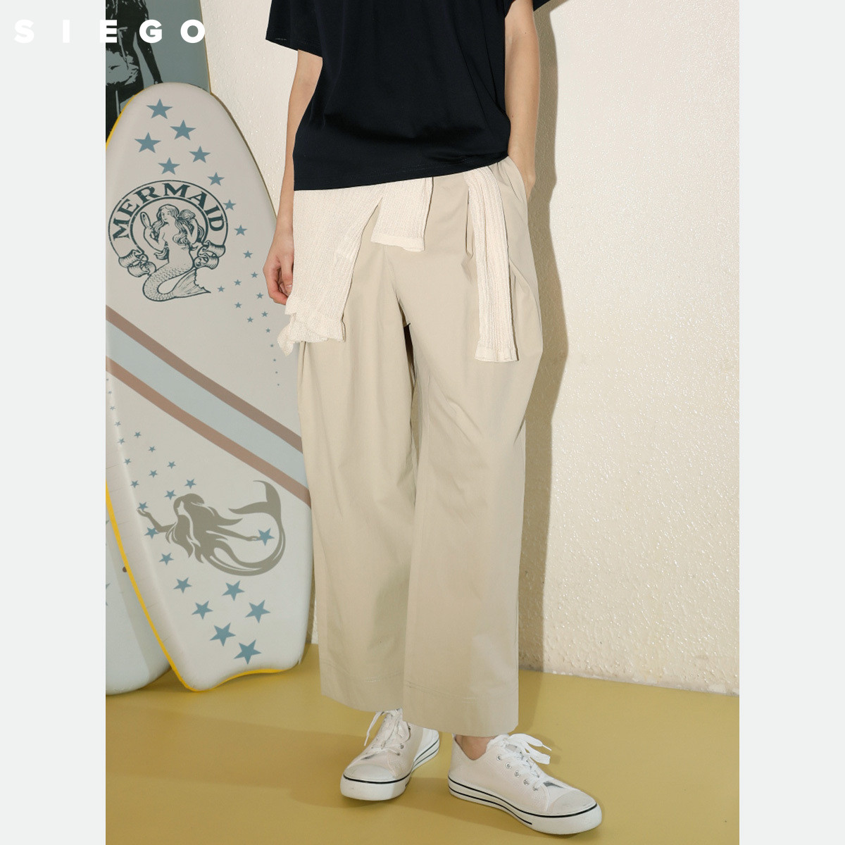 Siego西蔻古瓷白纯棉舒适透气立裁压褶宽松阔腿裤64531507