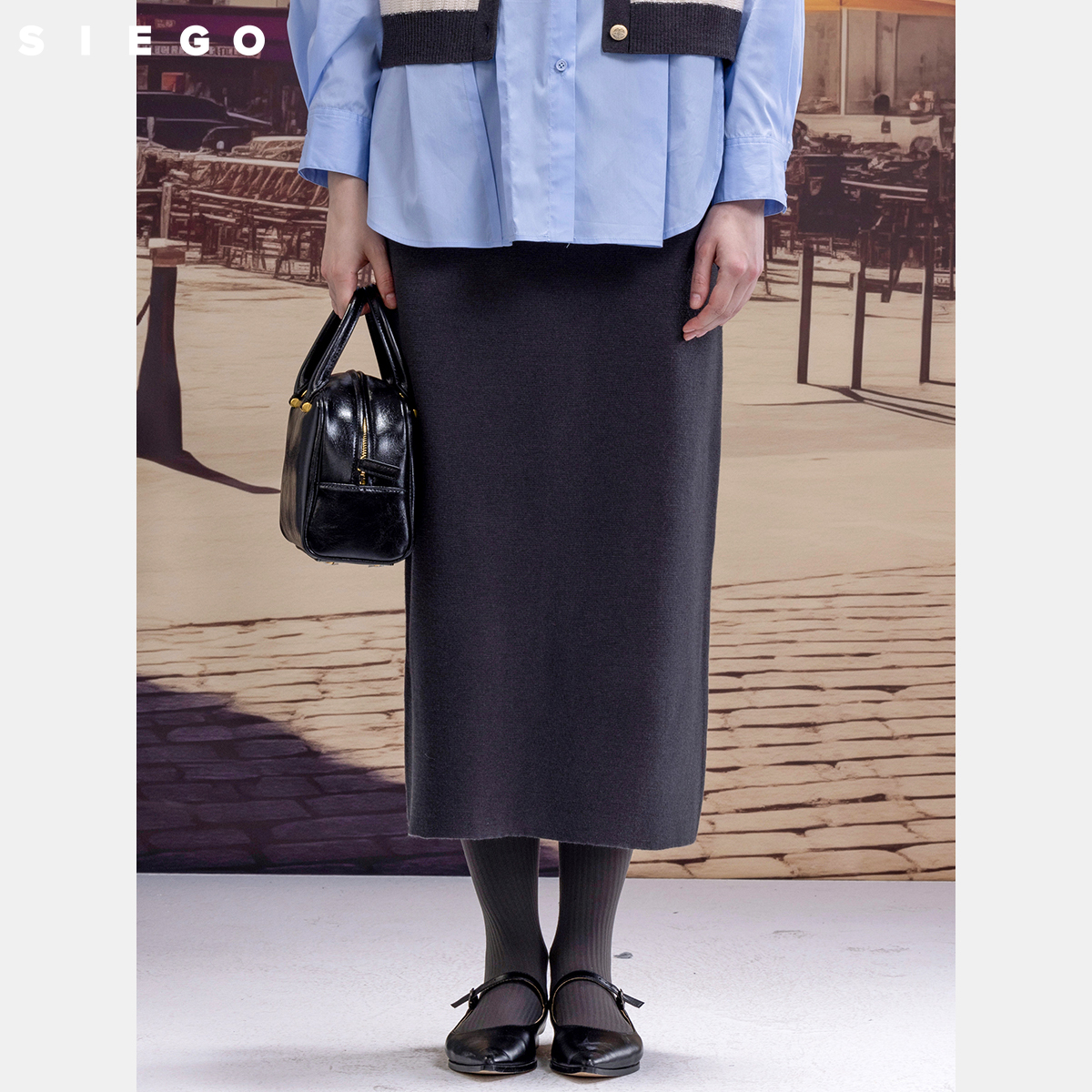 Siego西蔻简约款深灰五五毛针织松紧腰半裙64422306