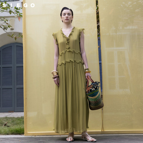 Siego西蔻柔软珠光条纹料度假风轻透荷叶边连衣裙64433334