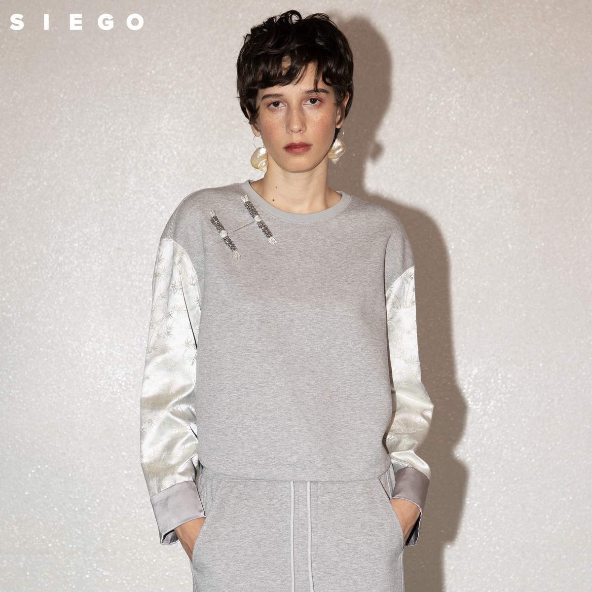 Siego西蔻异材质撞色袖国潮风新中式盘扣卫衣64515504