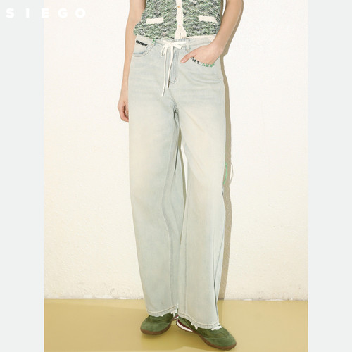 Siego西蔻复古洗水细绳腰带休闲时尚直筒牛仔裤64531224
