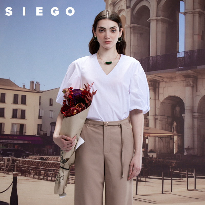 Siego西蔻简约通勤款轻薄V领短袖小衫64424306