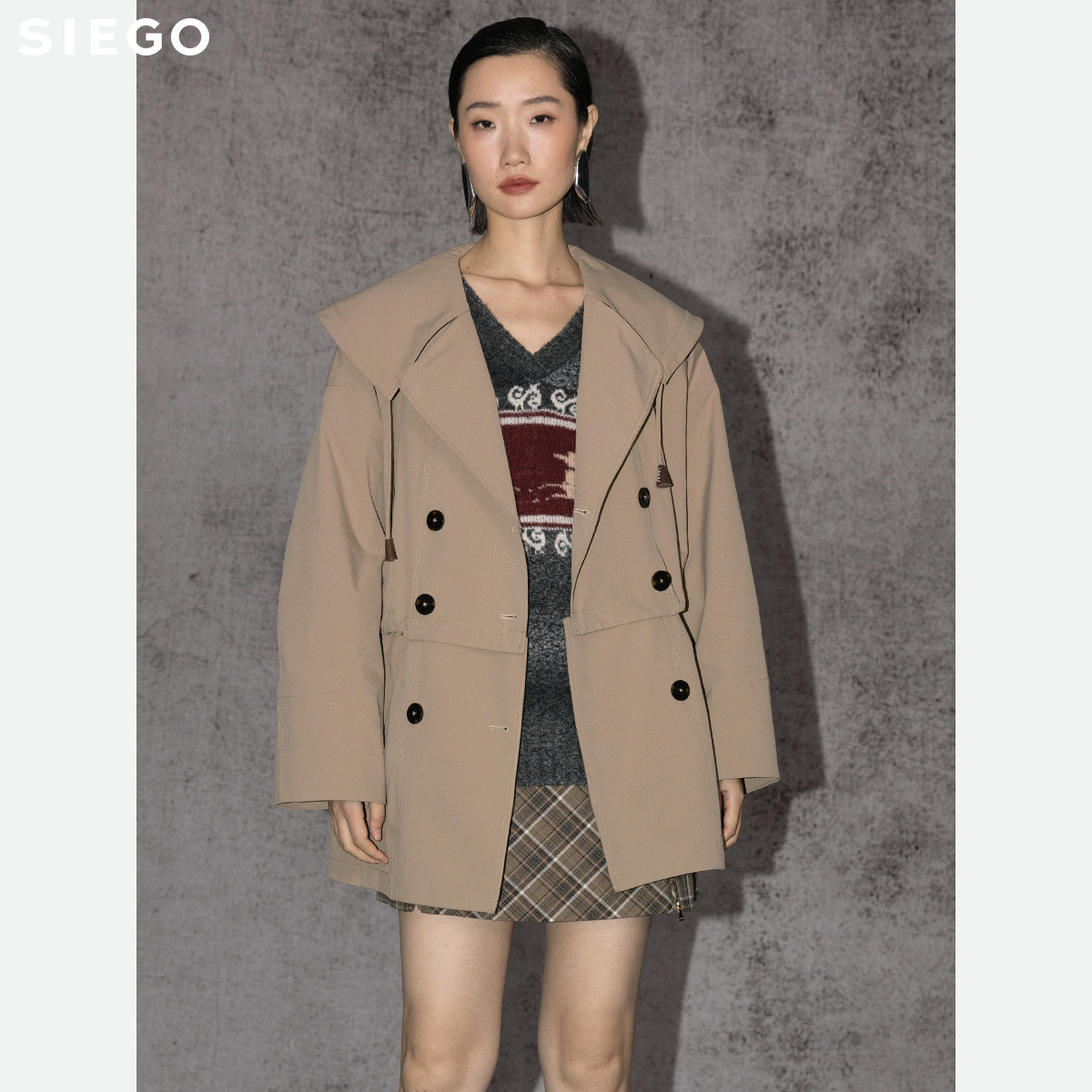 Siego西蔻秋麦色复古法式可拆卸真两件风衣64528604
