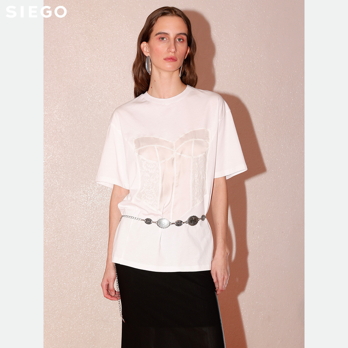 Siego西蔻石墨黑异材质拼接纯棉短袖T恤64535214