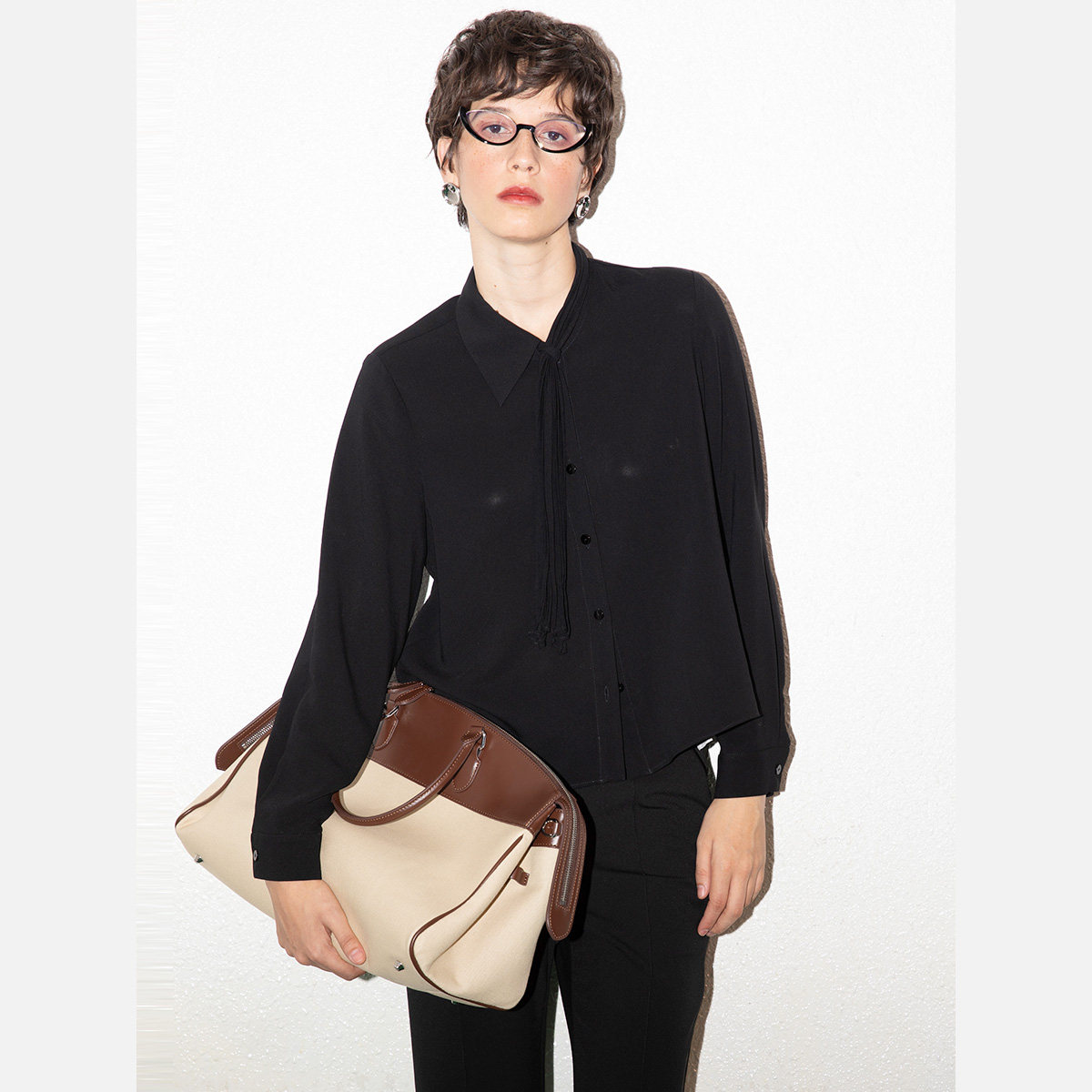 Siego西蔻职场醋酸OL纯色压褶领带通勤纯色长袖衬衫64514304