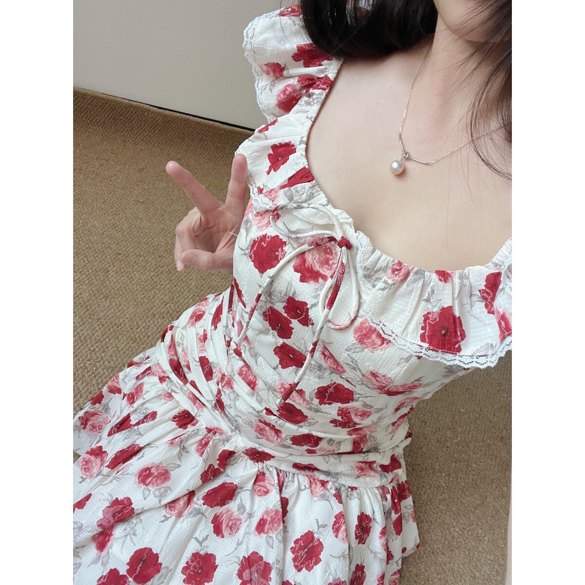 法式度假风红色小飞袖连衣裙2026女夏季小个子收腰显瘦沙滩短裙子