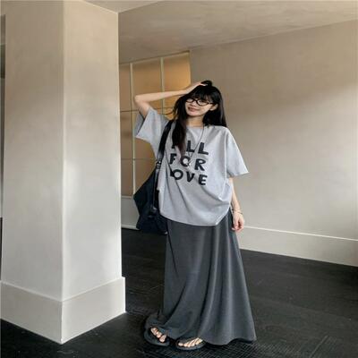 2025夏季新款宽松慵懒风字母印花T恤垂感半身裙长裙女两件套chic