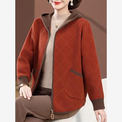 妈妈款秋装时尚格子外套2025新款中老年女春秋季洋气连帽毛呢上衣