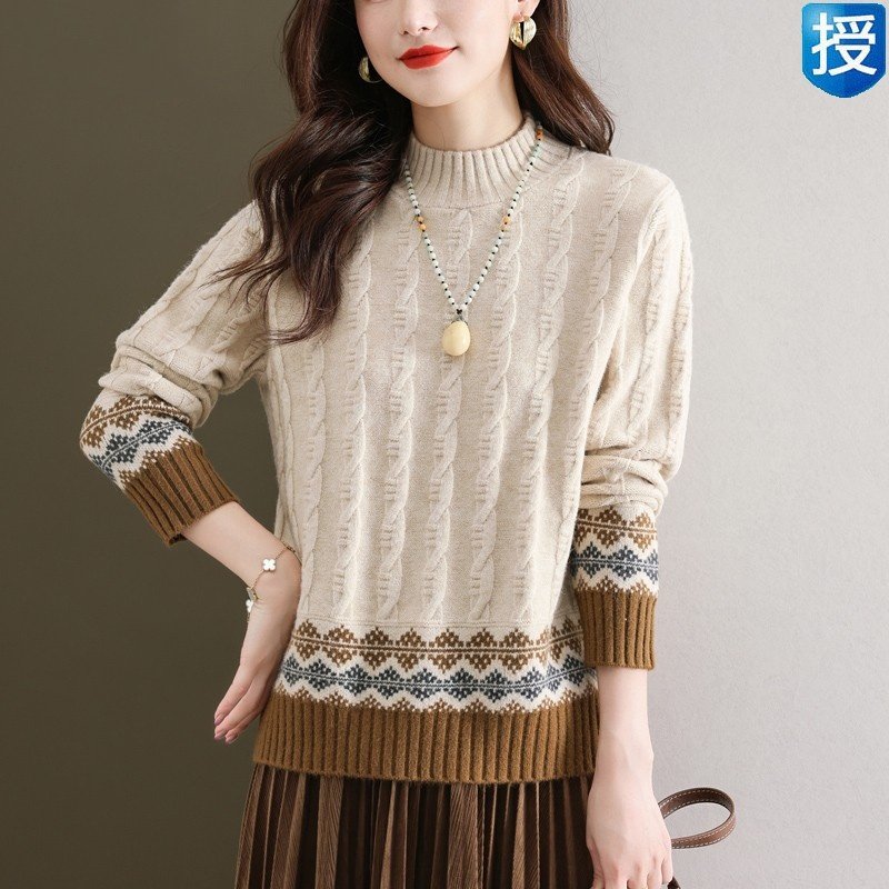 洋气半高领复古麻花毛衣女款秋冬2025新款提花内搭羊毛针织打底衫