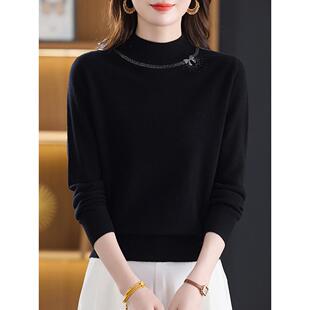新款时尚显瘦100%纯羊绒衫女秋冬半高领毛衣宽松烫钻保暖打底上衣