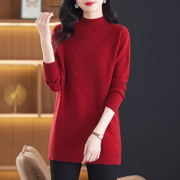 半高领羊毛衫中长款大码