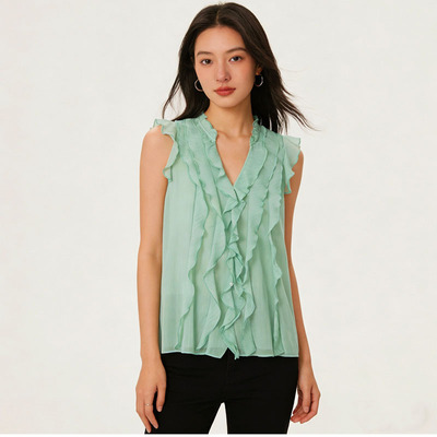 桑蚕丝法式V领荷叶袖衬衫女夏