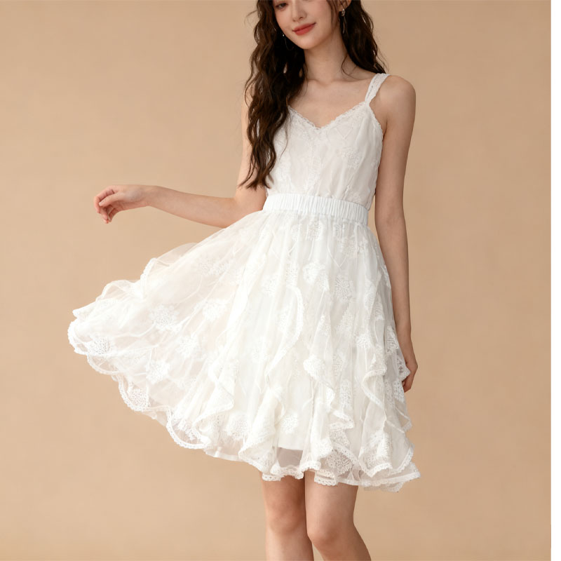 法式公主裙白色桑蚕丝绣花半身裙