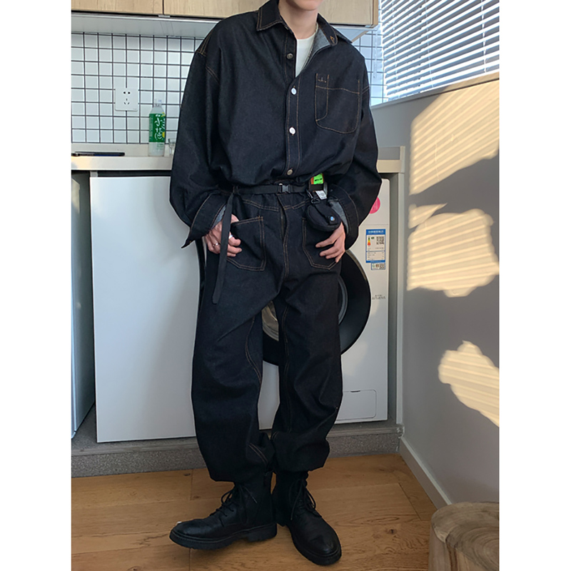 牛仔工装连体裤男春秋潮牌ins宽松直筒一套搭配帅气套装秋装衣服