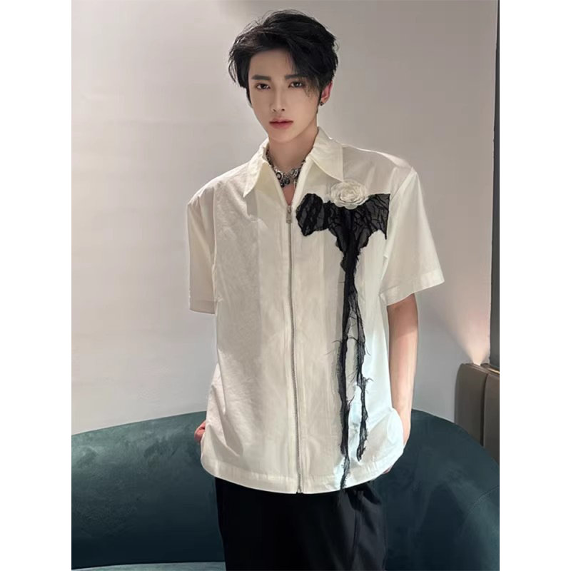 玫瑰网纱拉链设计短袖衬衫