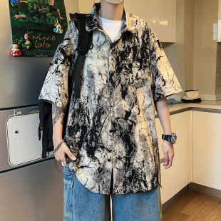 男高级感潮牌痞帅衬衣ootd情侣半截袖 YETUAN 花衬衫 复古短袖 美式