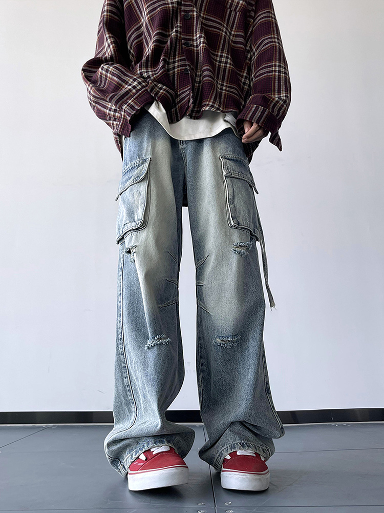 秋冬复古宽松破洞毛边设计工装