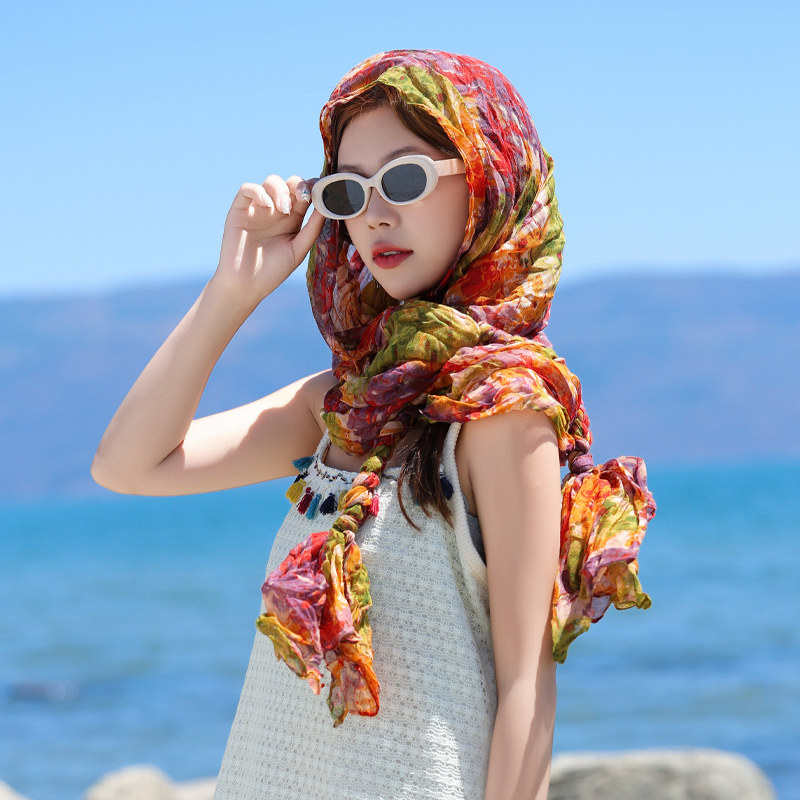 春夏文艺感碎花围巾女小众氛围感披肩民族风丝巾旅游遮阳配饰1016
