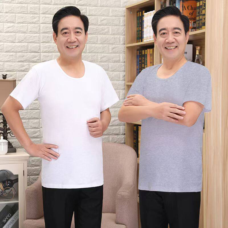 纯棉汗衫男士短袖中老年T恤文化衫打底衬衫短袖白色老头衫休闲薄