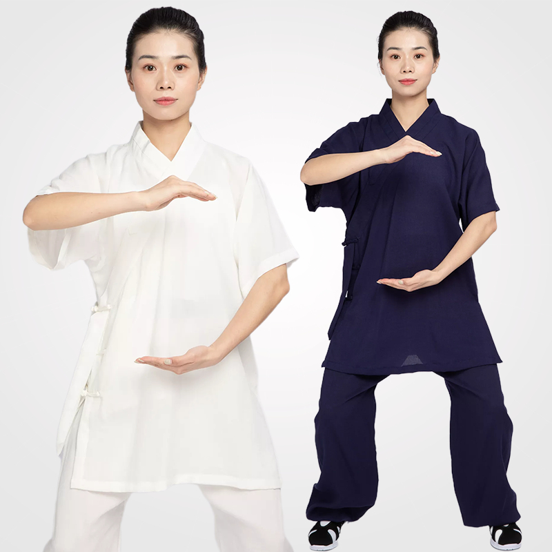 亚麻斜襟短袖武当太极练功服薄款