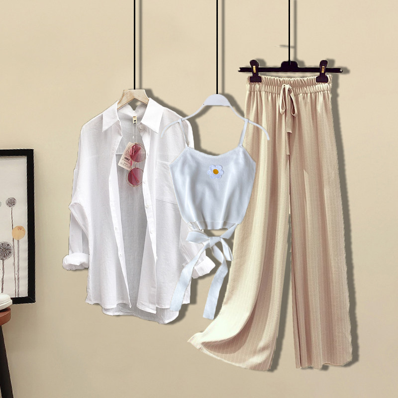 夏季新防晒衬衫女设计感小众白色吊带宽松阔腿裤三件套时尚套装女