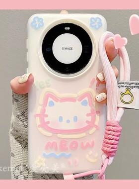 适用华为mate60pro+手机壳mate70pro涂鸦卡通猫咪狗狗mate40pro果冻液态肤感mate50pro编织挂绳防摔p70可爱女