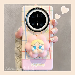 可爱卡通粉花女孩磁吸支架mate7060菲林磁吸硬壳p60pro女款 适用华为mate70pro 手机壳韩系彩线格纹mate60pro