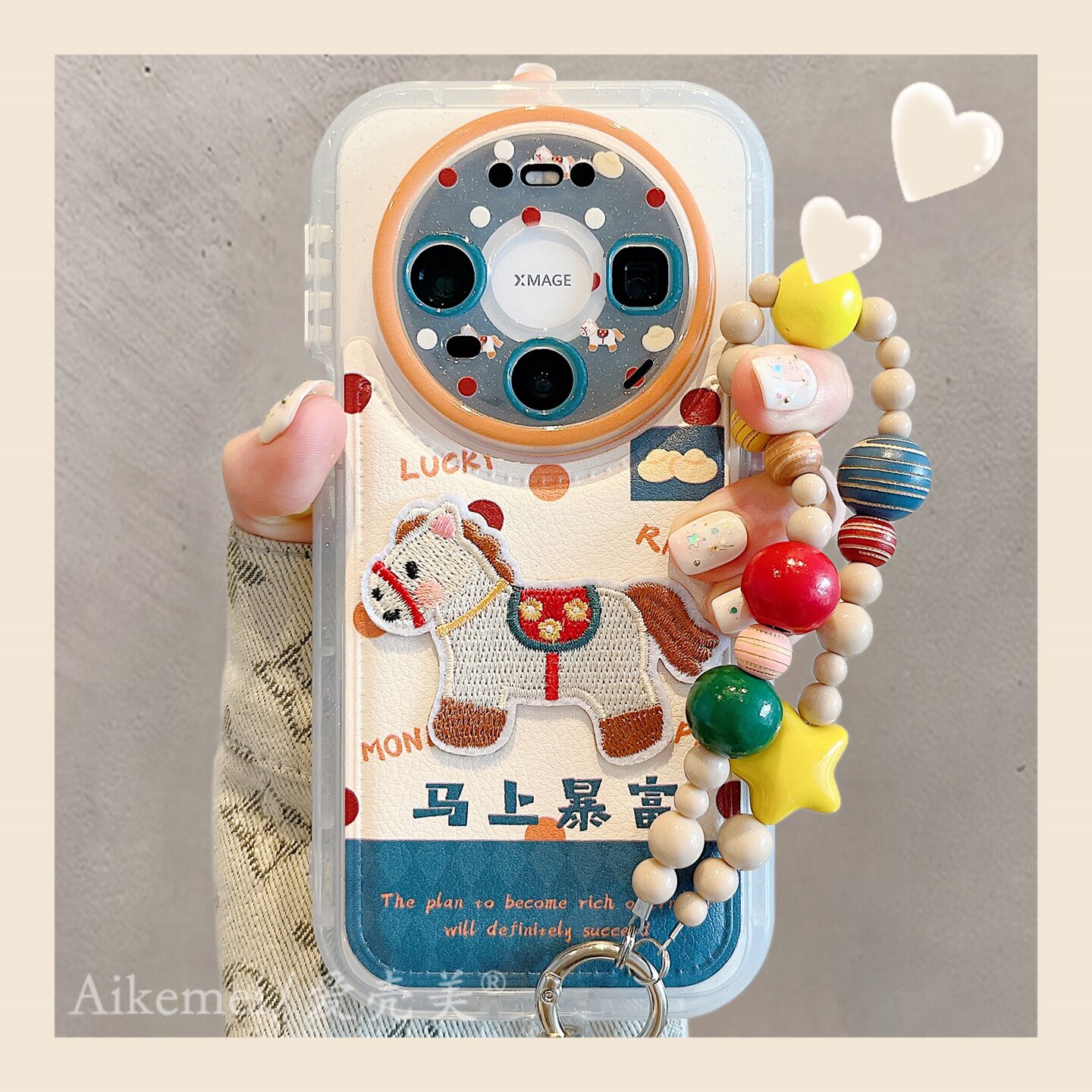适用华为mate80promax手机壳韩系波点暴富文字刺绣小马mate70pro+链条挂绳mt70气垫皮纹pura80pro+防摔男女款