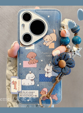 适用华为pura80pro+手机壳韩系ins蓝色牛仔纹卡通小狗Pura70pro布艺花朵挂绳p80/70气垫皮纹mate70pro+保护套