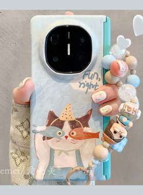 适用华为MateX7折叠屏手机壳Matex6/X5/x3趣味卡通油画猫咪oppofindn5水贴硬壳vivoxfold5链条v5双中轴保护女