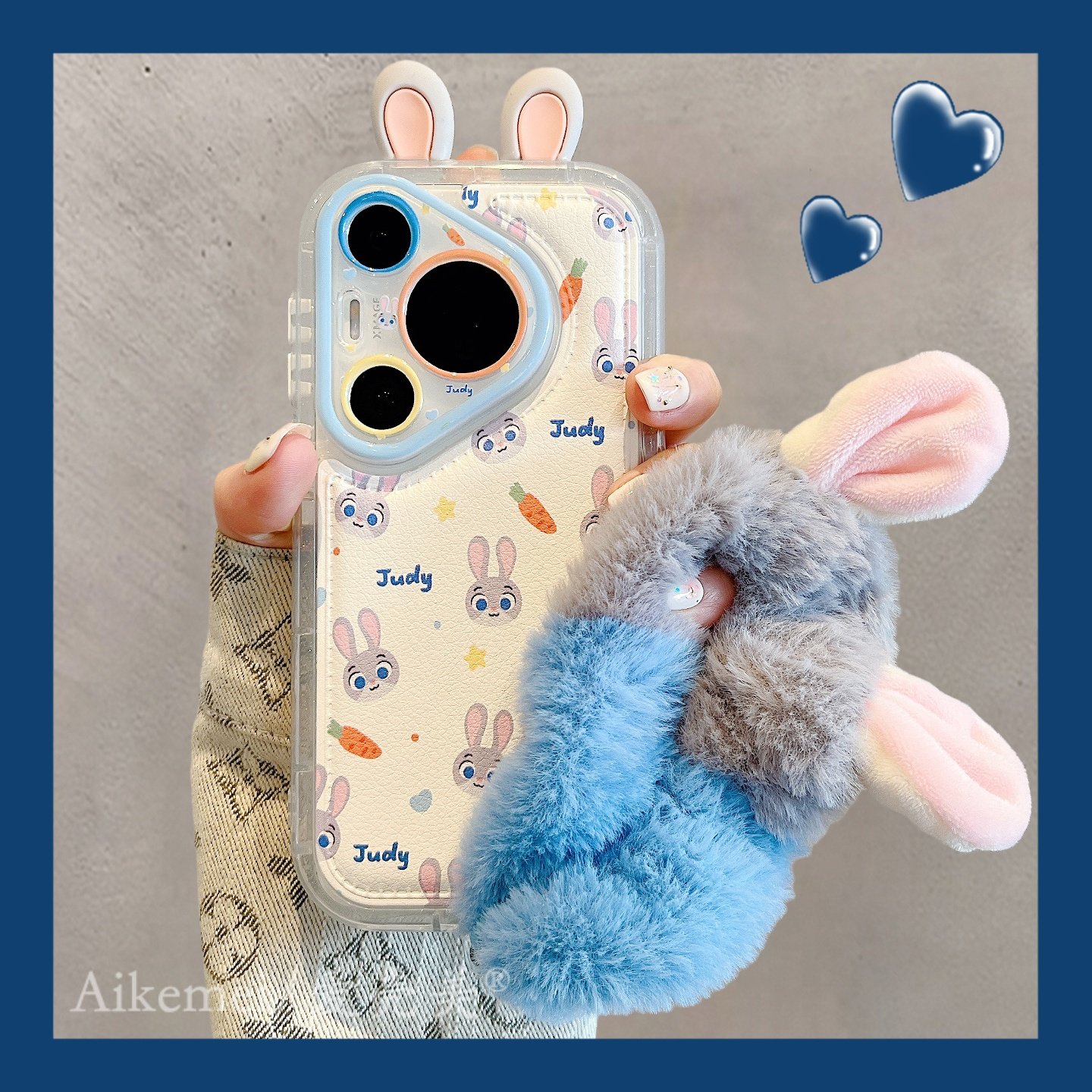 适用华为pura80pro+手机壳可爱卡通狐狸兔子头像Pura70pro立体耳朵发圈p8070pro气垫皮纹mate80promax防摔女