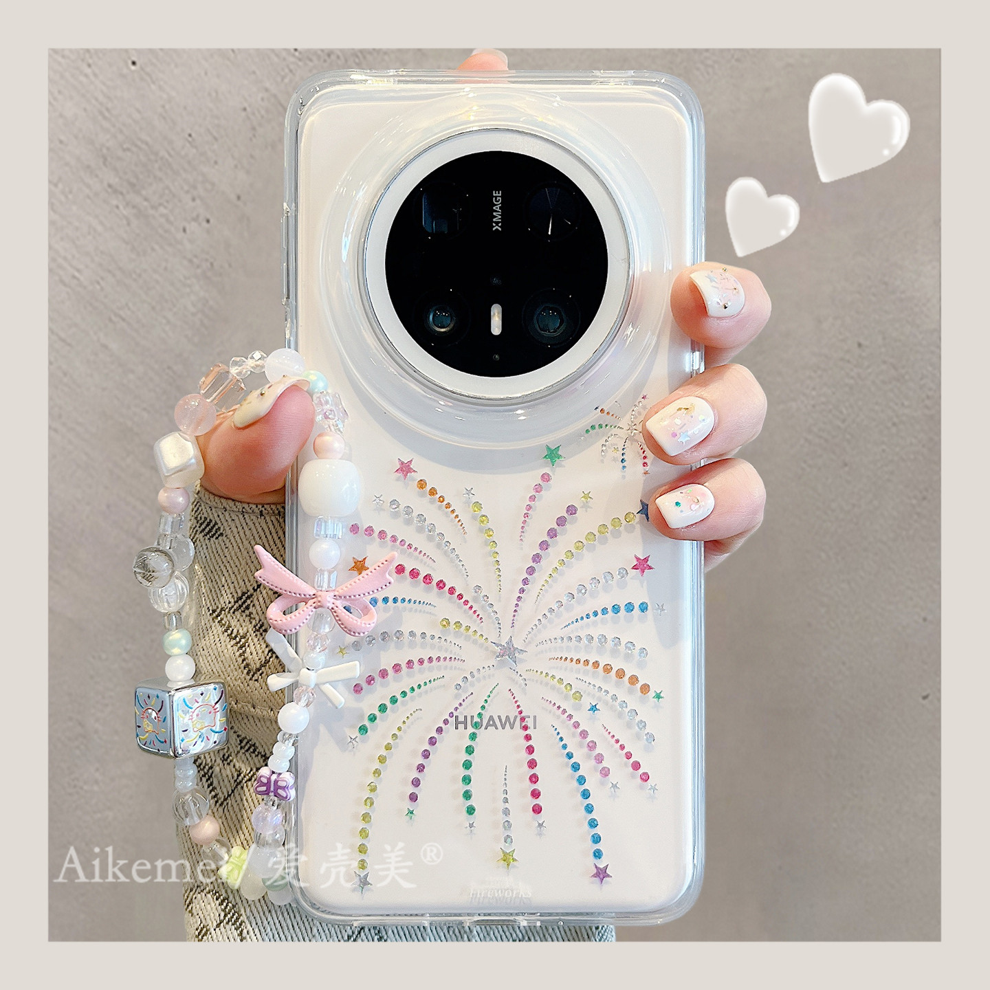 适用华为mate80promax手机壳简约透明鎏金彩色水钻烟花mate70pro链条挂绳mate60pro秋冬新款pura80pro+男女款