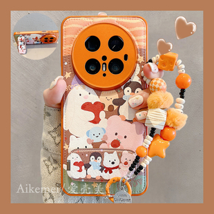 适用华为mate80promax手机壳可爱卡通企鹅小狗动物mate7060pro手绳气垫皮纹pura80pro化妆镜折叠支架防摔女款