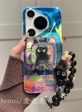 适用华为pura70pro+手机壳p70/p60卡通黑猫电视机带支架nova12/11链条挂绳荣耀10090双层新款mate60pro防摔女